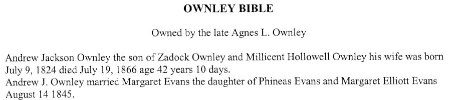 OWNLEY Family Bible - Andrew Jackson Ownley born 1824 -