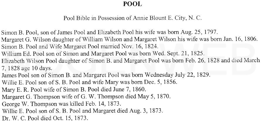 POOL FAMILY BIBLE -Simon Pool born 1797
