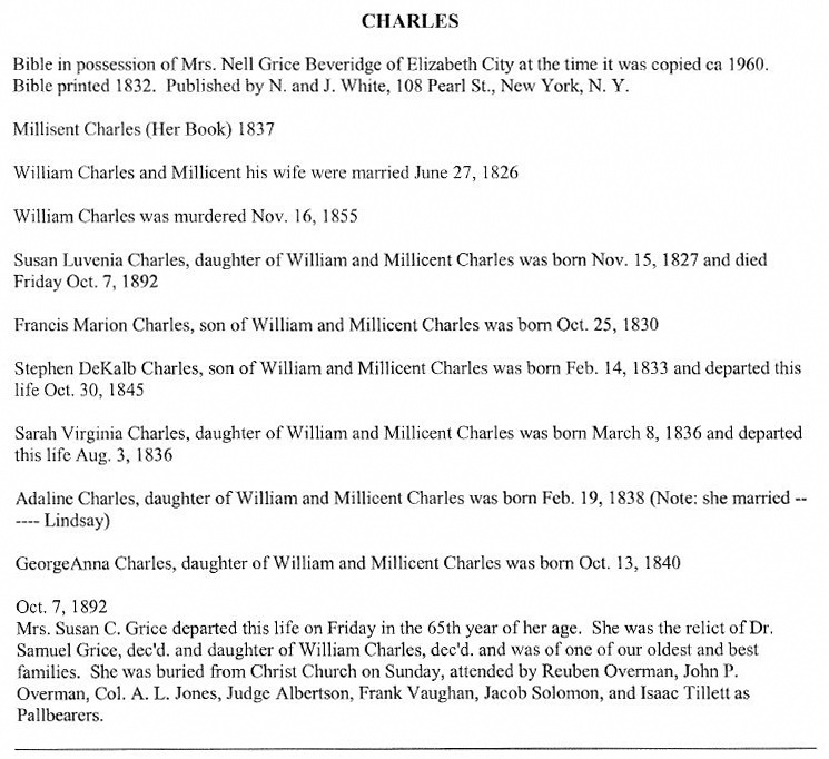 CHARLES - MILLICENT-MILLY CHARLES BIBLE - NC Bible Records by Spence and Shannonhouse -