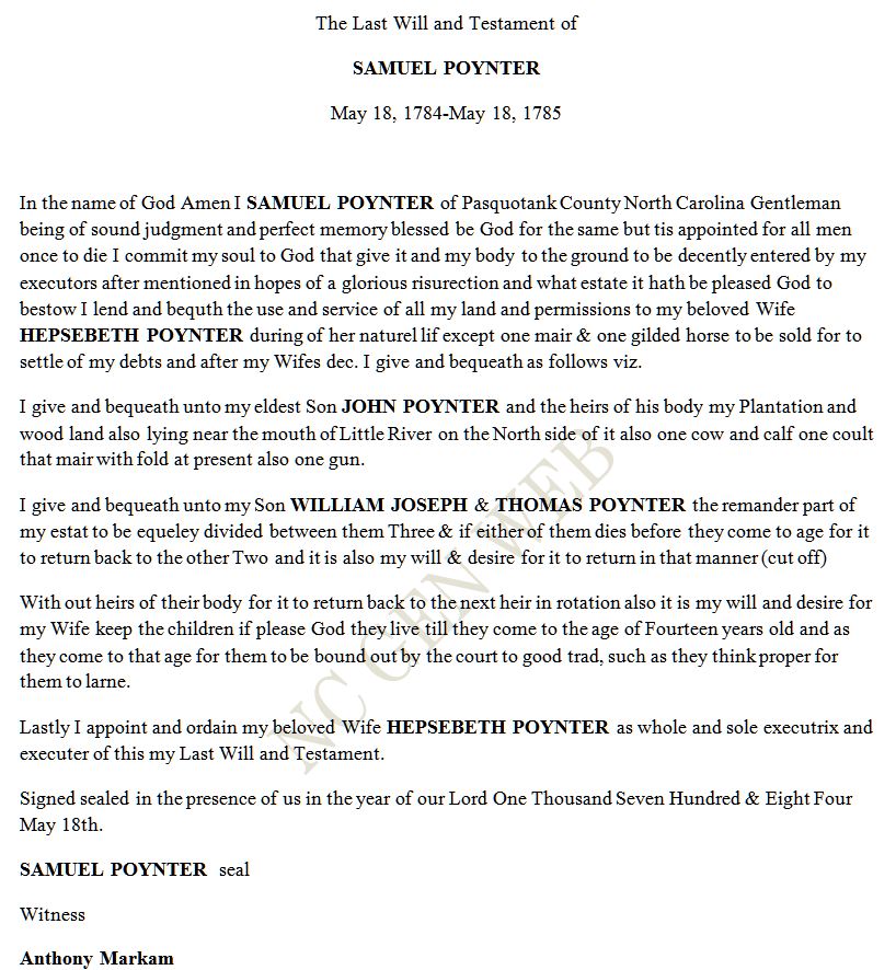 POYNTER - SAMUEL POYNTER - Will - 1785 - Pasquotank Co NC - by Judy Merrell Brickhouse - 1