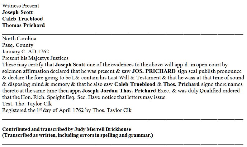 PRICHARD - JOSEPH PRICHARD - Will - 1761-2 - Pasquotank Co NC - by Judy Merrell Brickhouse - 3
