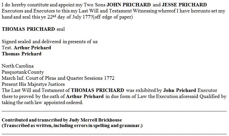 PRICHARD - THOMAS PRICHARD - Will - 1772 - Pasquotank Co NC - by Judy Merrell Brickhouse - 2