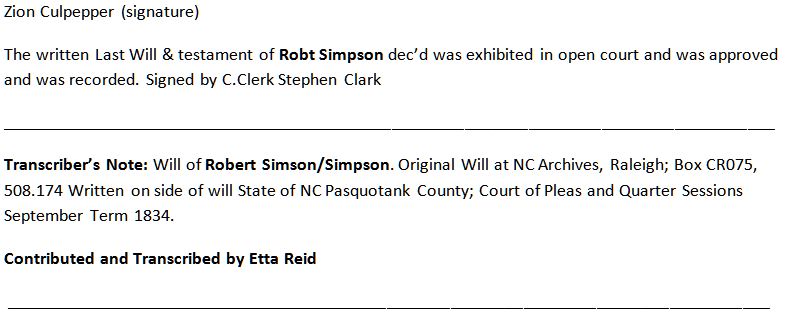 SIMSON - ROBERT SIMSON - Will 1834 - Pasquotank County, North Carolina - By Etta Reid - 2
