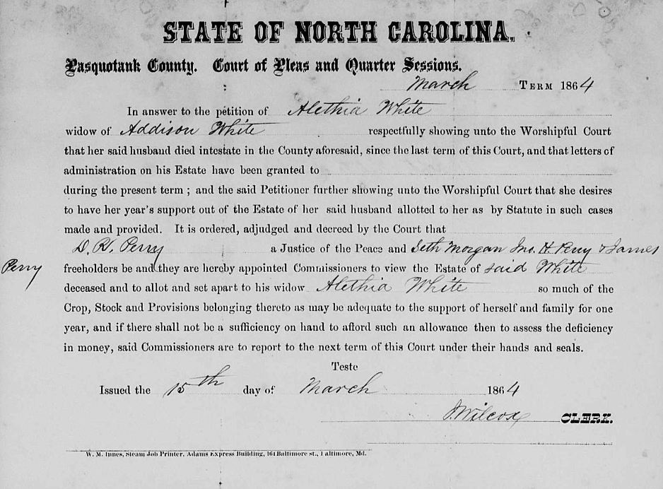 WHITE - Addison White - 1863 - Estate Record - Pasquotank County, North Carolina - 2