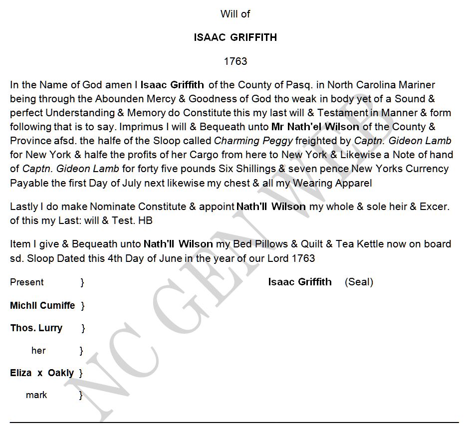 GRIFFITH - ISAAC GRIFFITH - 1763 Will - Pasquotank County, NC -by Susan C. Griffin - 1