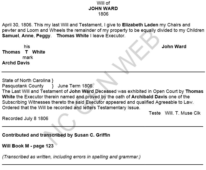 WARD - JOHN WARD - 1806 Will - Pasquotank County NC - by Susan C Griffin -