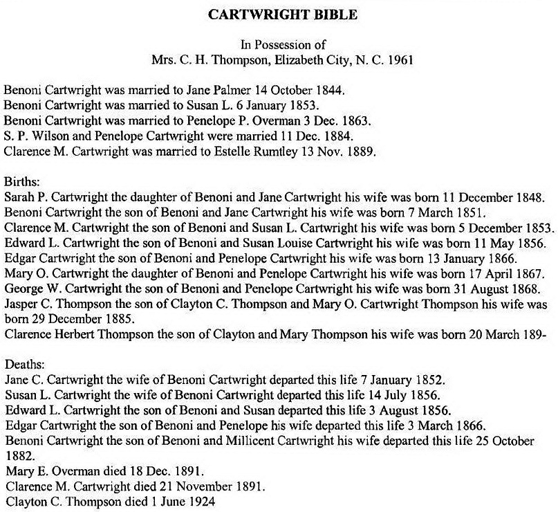 CARTWRIGHT - BENONI CARTWRIGHT - died 1882 - FAMILY BIBLE - NC BIBLE RECORDS BY SPENCE AND SHANNONHOUSE publ 1973 -