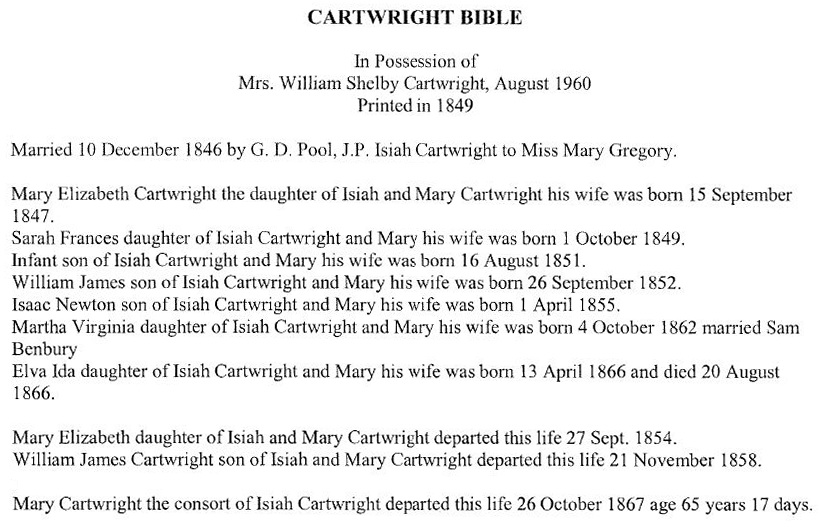 CARTWRIGHT - ISIAH CARTWRIGHT died 1891 - Family Bible - NC Bible Records by Spence and Shannonhouse - publ 1973