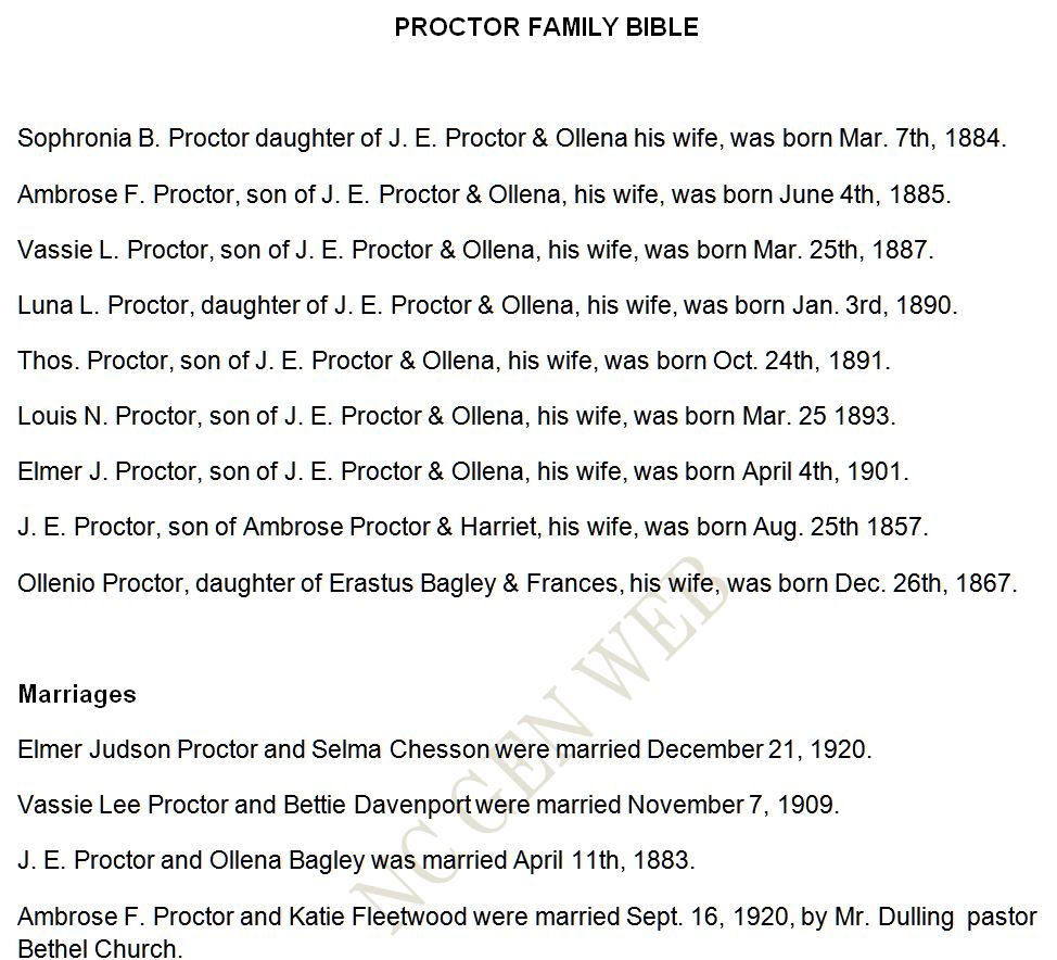 PROCTOR FAMILY BIBLE - JOSEPH E and OLLENA BAGLEY PROCTOR - Perquimans County NC - contributed by Alice Griffin - 1