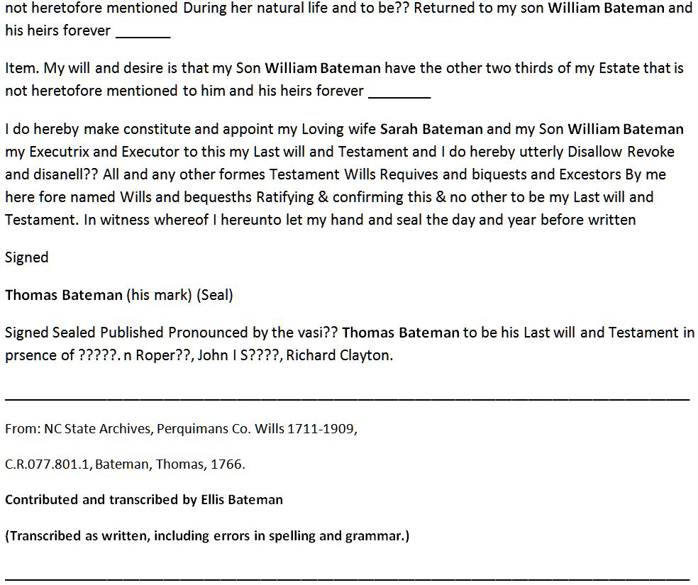 BATEMAN - Thomas Bateman - 1776 - Will - Perq Co NC - By ELLIS BATEMAN - 2