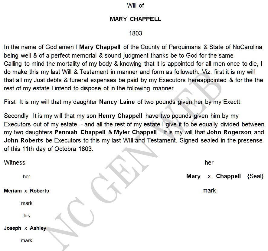 CHAPPELL - MARY CHAPPELL - 1803 Will - Perquimans County, NC -by Susan C. Griffin - 1