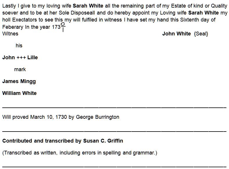 WHITE - JOHN WHITE - 1730 Will - Perquimans Co NC - by Susan C Griffin - 2 -