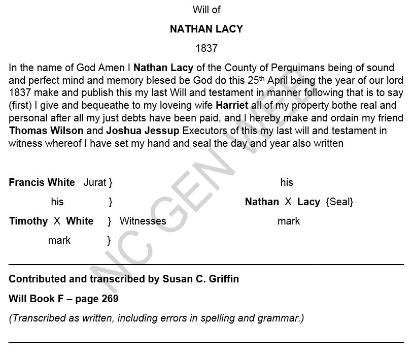 LACY - NATHAN LACY - 1837 Will - Perquimans County NC - by Susan C Griffin -