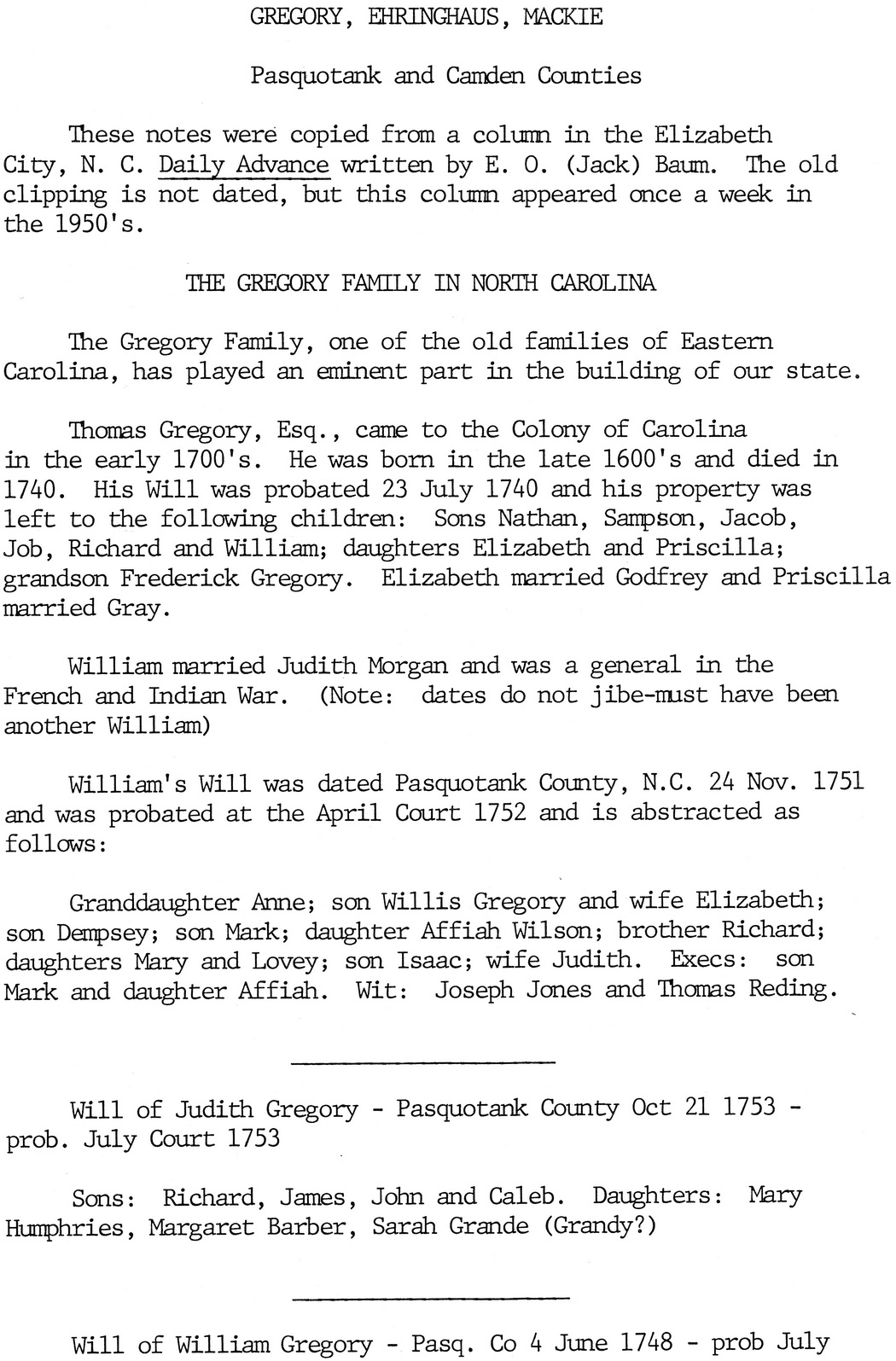 GREGORY - EHRINGHAUS - MACKIE Family Records - Pasq and Camden NC - 1