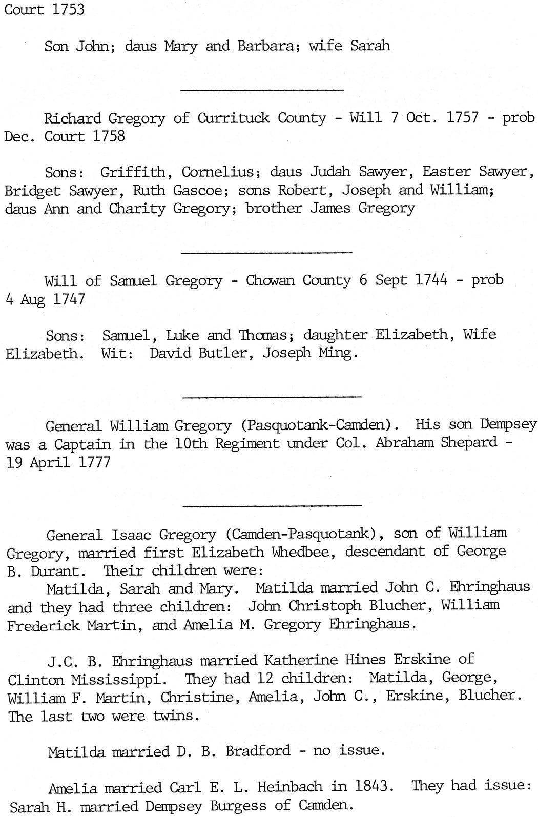 GREGORY - EHRINGHAUS - MACKIE Family Records - Pasq and Camden NC - 2