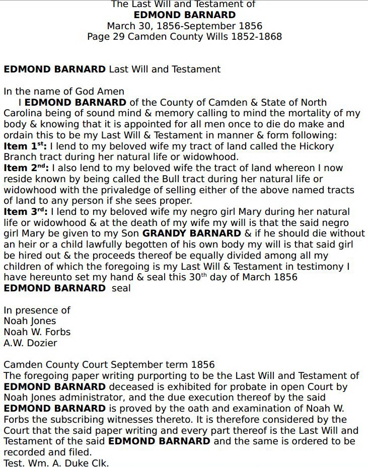 BARNARD - Edmond - 1856 - Camden Co Will - 1