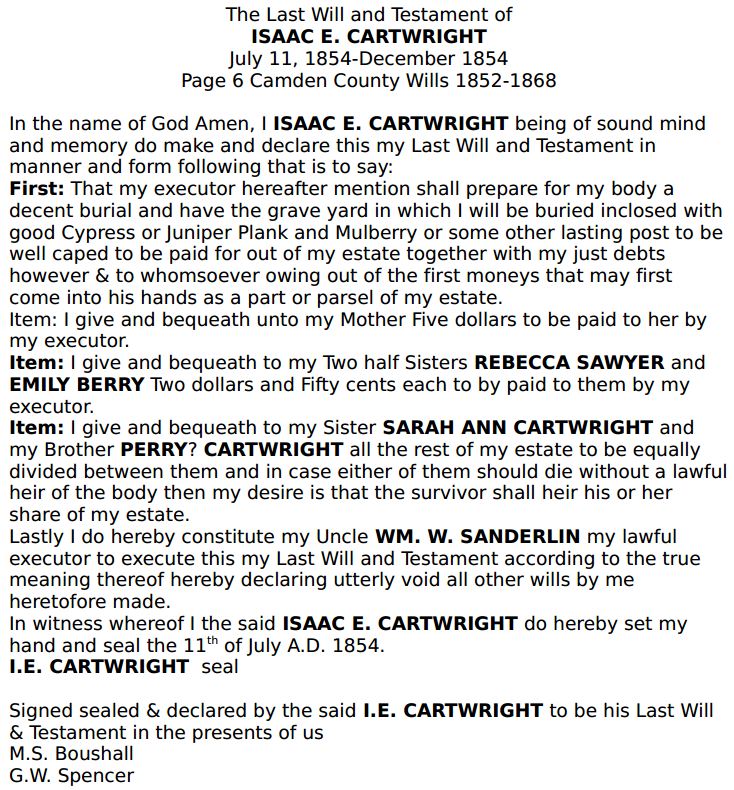 CARTWRIGHT - Isaac E - 1854 - Camden County Will - 1