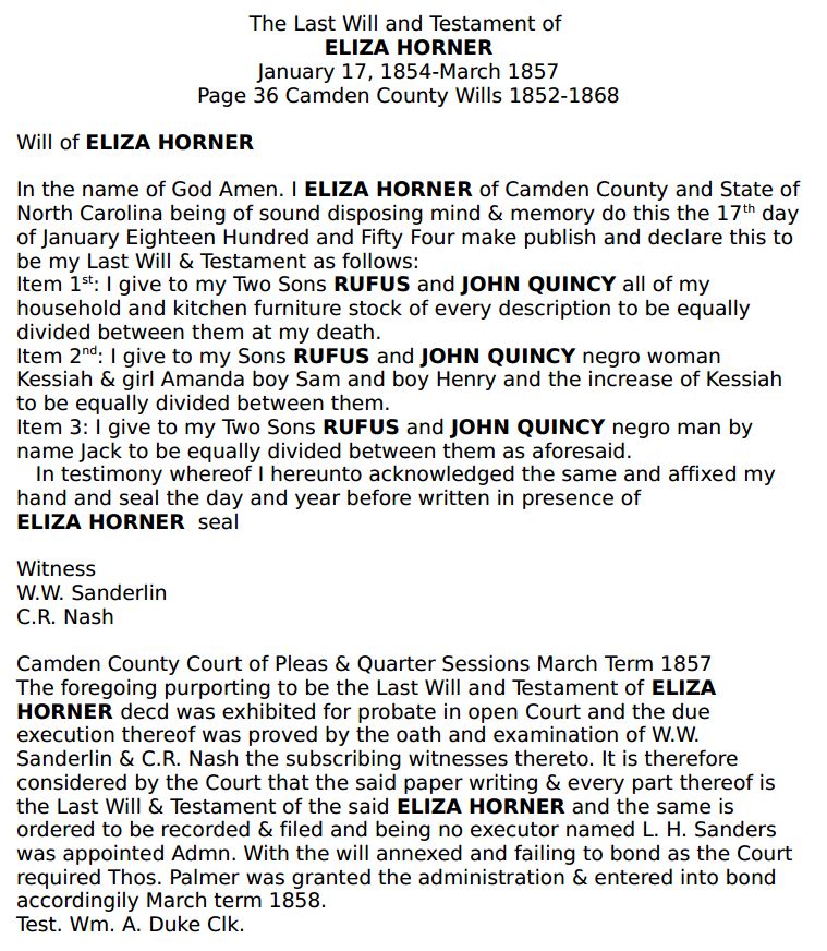 HORNER - Eliza - 1857 - Camden County Will - 1