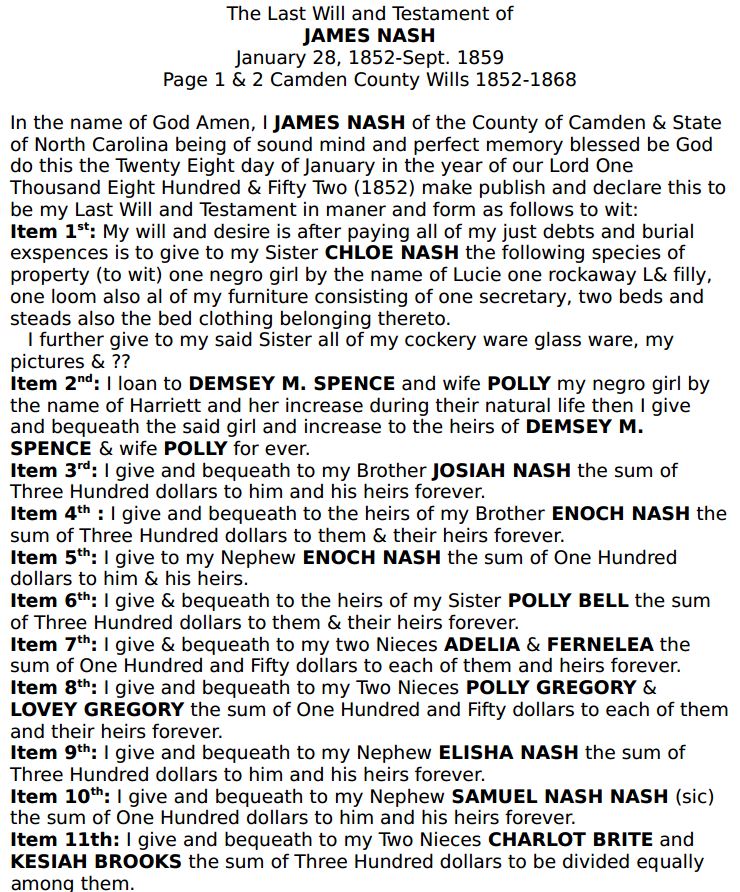 NASH - James - 1852 - Camden County Will - 1