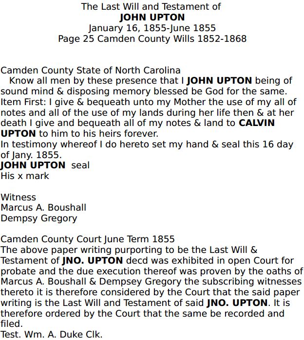 UPTON - John - 1855 - Camden Co Will - 1