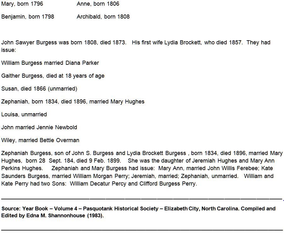 BURGESS - Thomas Burgess Family Bible - Camden Co NC - Year Book 4 - Edna M Shannonhouse - 2