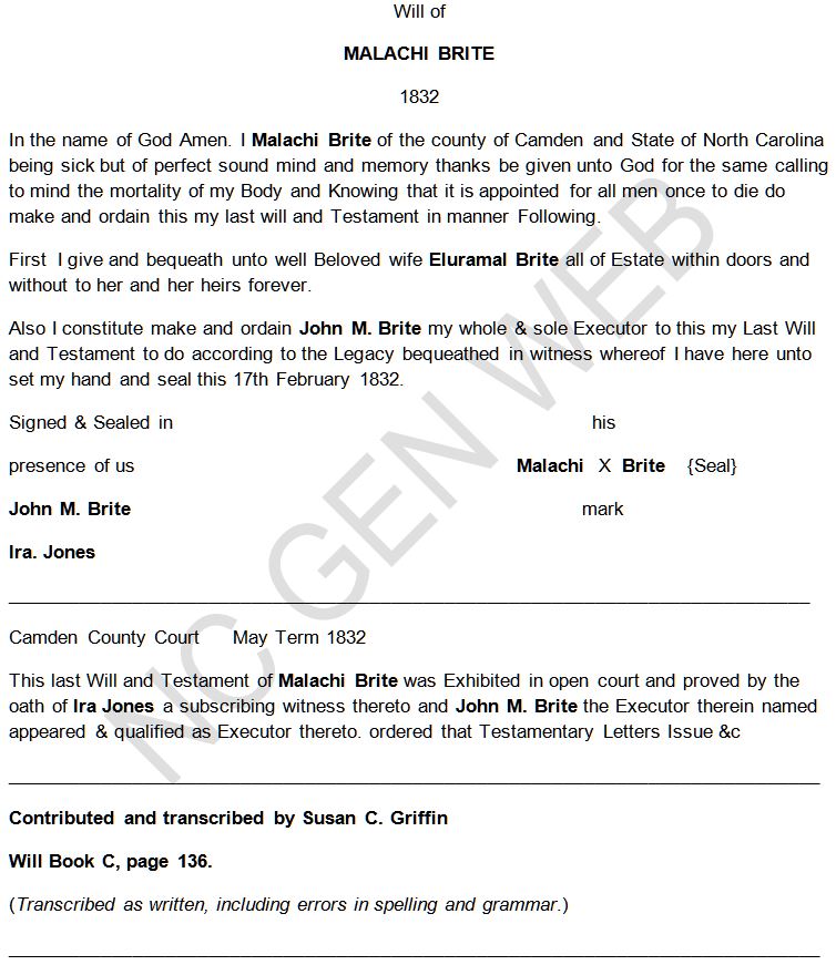 BRITE - MALACHI BRITE - 1832 Will - Camden Co NC - by Susan C Griffin -