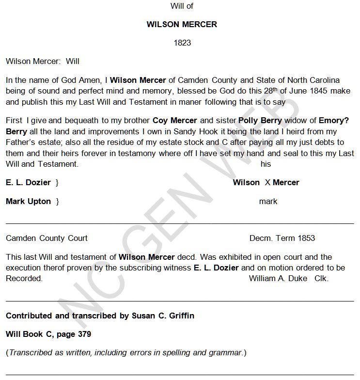 MERCER - WILSON MERCER - 1853 Will - Camden County, NC by Susan C. Griffin -