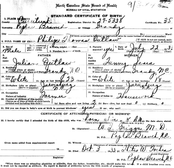 Currituck Co., NC Birth Certificates