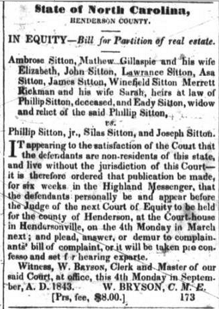 Sitton, Phillips - Equity Highland Messenger Gillespie Asheville  N.C.   1844 01 05    Newspapers   Highland Messenger  Asheville  N.C.