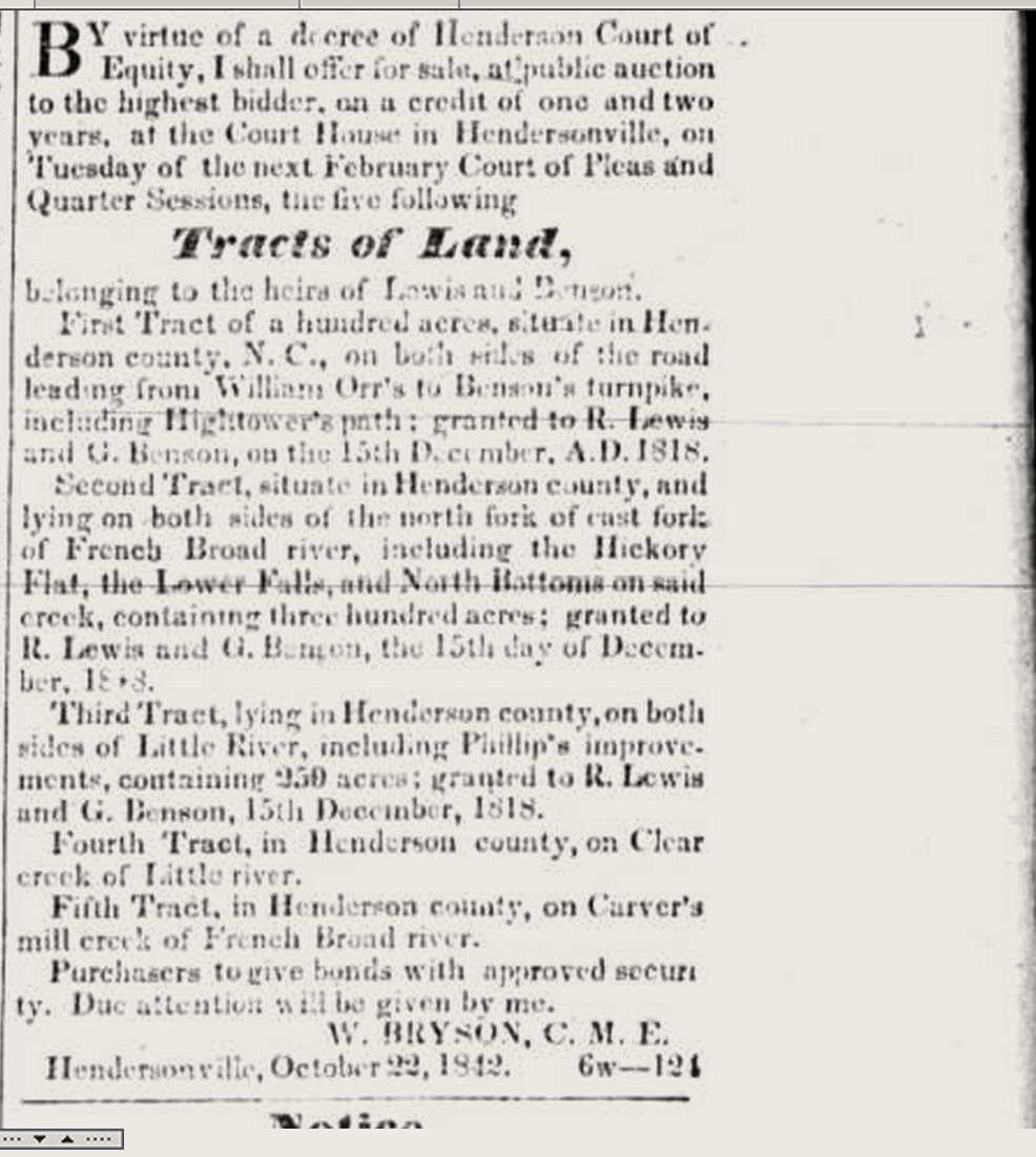 Lewis, R and Benson, G - Equity Highland Messenger  Land Asheville  N.C.   1843 01 13    Newspapers   Highland Messenger  Asheville  N.C.